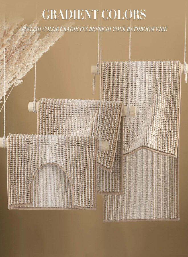 BSICPRO Bathroom Rugs Sets 3 Piece, Toilet Rugs U-Shaped Contour Bath Mat Set, Striped Absorbent Non Slip Chenille Shower Mat, Beige - Image 4